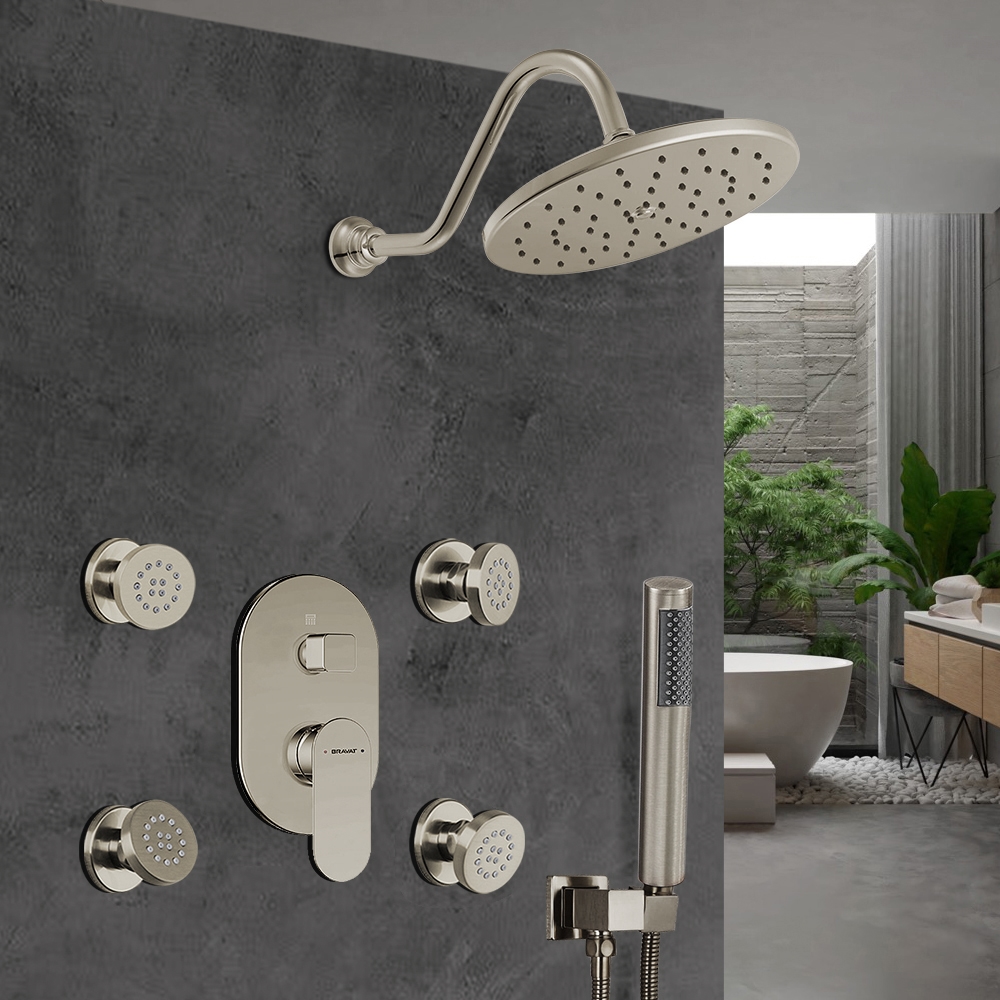 Fontana Showers Brushed Nickel Round Rainfall Shower Set With Thermostat Mixer Jet Spray And Hand shower